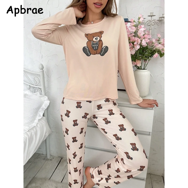 Cute Bear Print Pajamas for Women Autumn Winter Long Sleeves Full Pants Pajama Sets Woman Milk Silk Pijamas Girls Nightwear