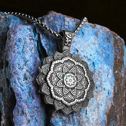 Buddhism Mandala Flower Amulet Men Necklaces Stainless Steel Pendants Chains Women Jewelry Cool Male Accessories Gifts Wholesale