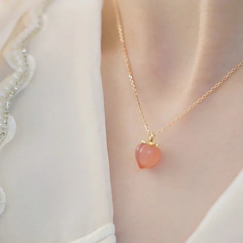 Trendy fruit peach pink agate pendant necklaces for women gold color link chain necklace fashion jewelry accessories ync168