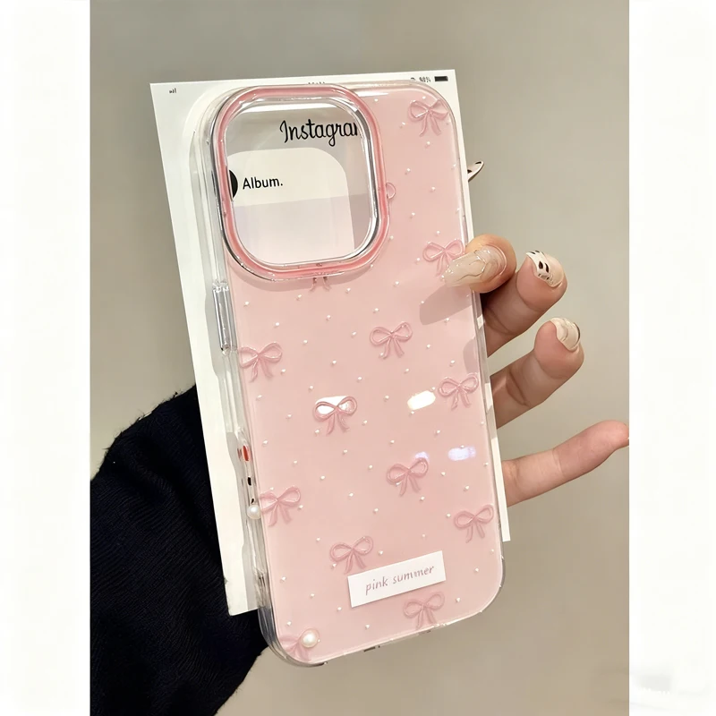Creative Girl Pink Wave Dot Bow Phone Case For Samsung Galaxy S25 S24 S23 S22 S21 S20 FE Note20 Note10 Edge Plus Ultra Lite 5G