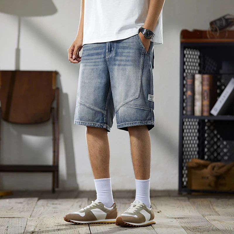 

XY9945 New trend casual splicing American vintage denim shorts men's summer thin section five pants