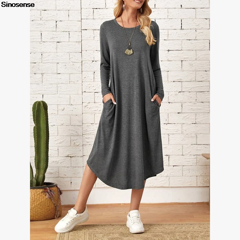 Abito lungo da donna a maniche lunghe autunnale Abito t-shirt allentato casual con tasca laterale Y2K Abito lungo da ufficio per vacanze quotidiane con data di strada