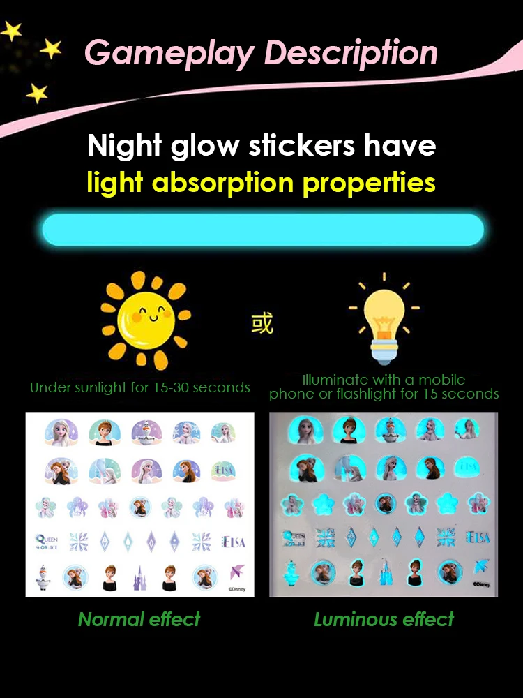 Disney Girls and Children's Nightglow Nail Stickers Ice and Snow Romance Princess Elsa Nail Stickers Cartoon Sticker Toys