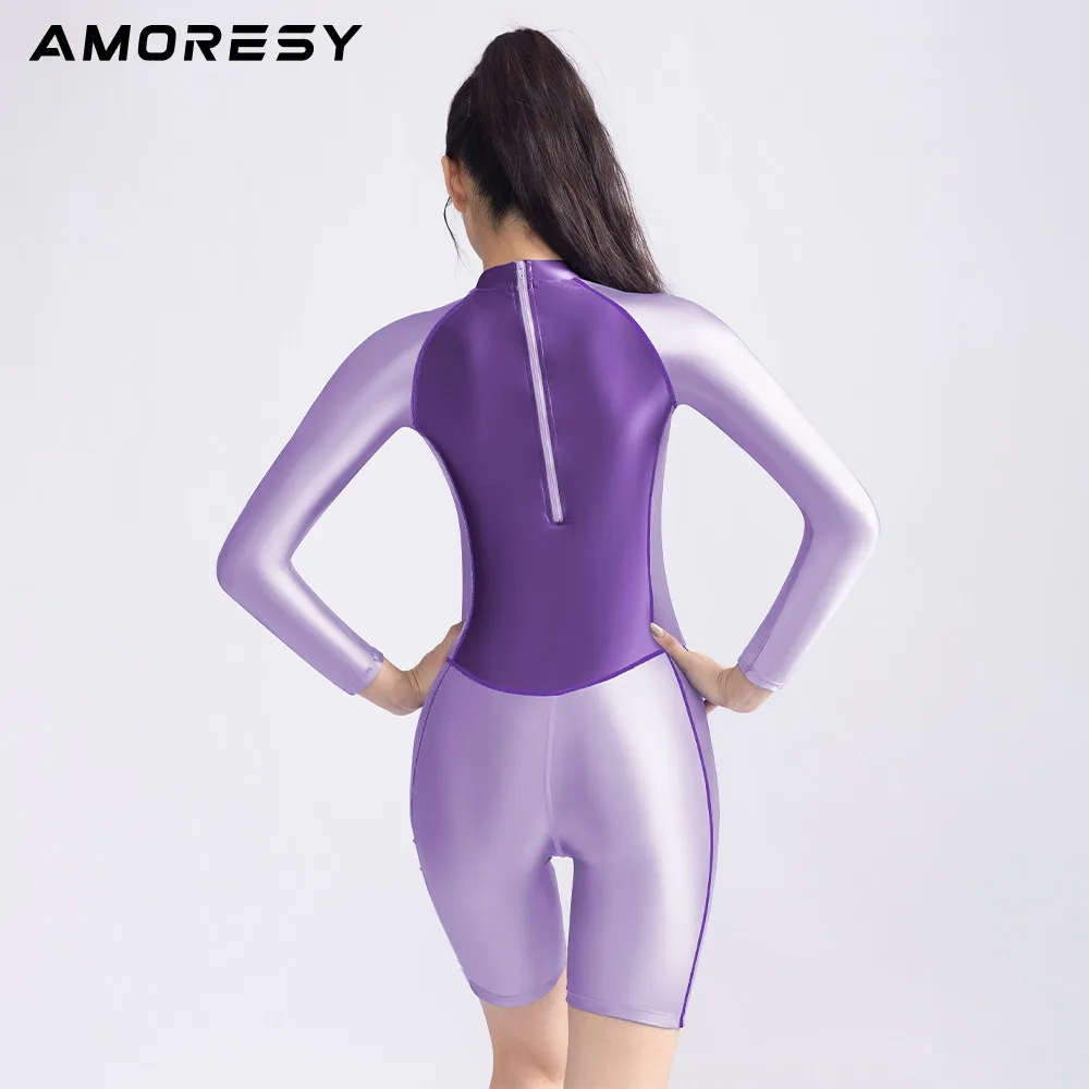AMORESY Satin glossy bodysuit Long sleeved five quarter pants sports bodysuit color blocked bodysuit back zipper swimsuit