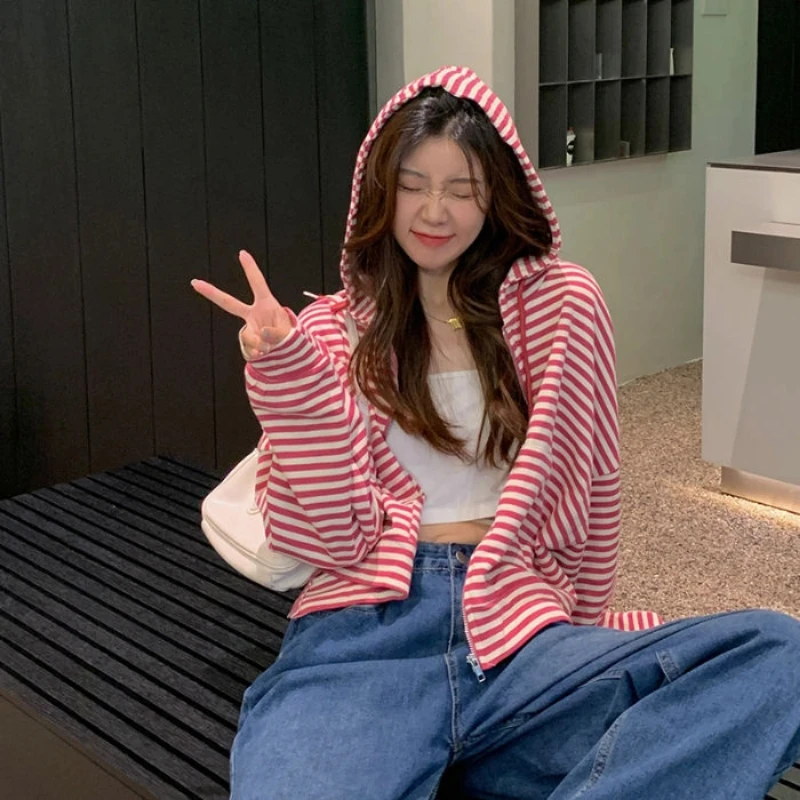 

New Striped Thin Zipper High Street Spring Autumn Long Sleeve Loose Youth Fashion Short Tops Casual Korean Women Clothing