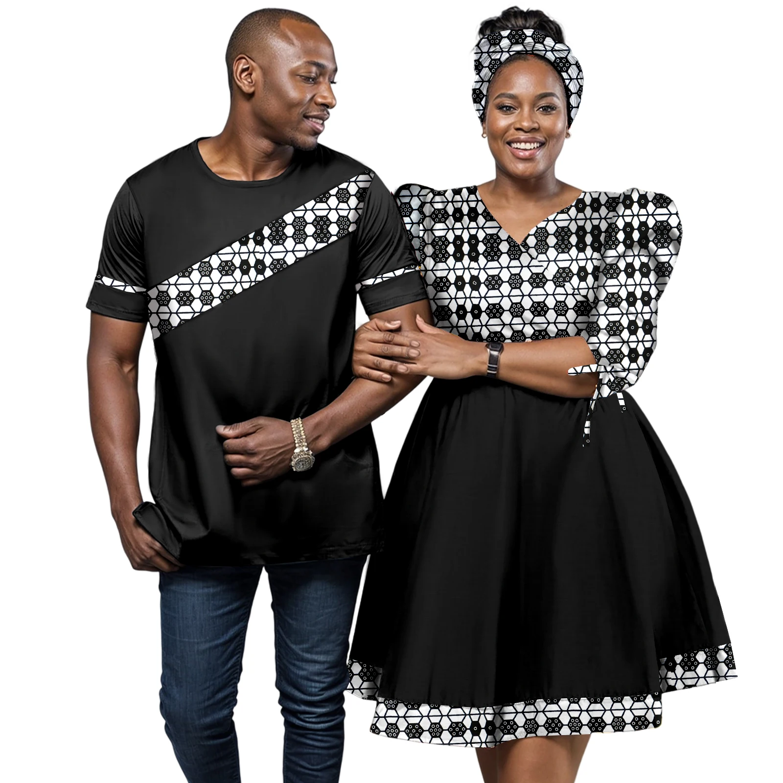 Women Print Dresses Casual Head Wrap Scarf Dashiki African Couple Matching Clothes Men Short Sleeve Shirt