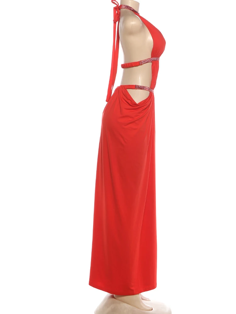 Kliou Sexy Ausgeschnittenes Maxikleid Damen Schnürung Neckholder Rückenfreies Glänzendes Seidenkleid Ärmellos Mitternachtsblaues Abendkleid Gerafftes Elegantes Vestidos – Detail 4
