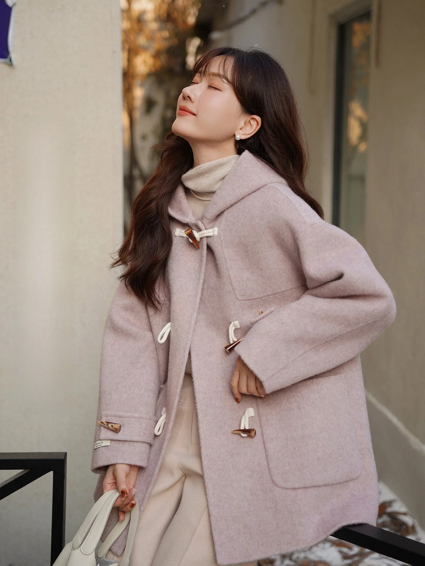 

Purple Double-Faced Woolen Coat with Hood Loose Fit Women's Winter Faionable High-End Feel Button-Up Sweater Jaet