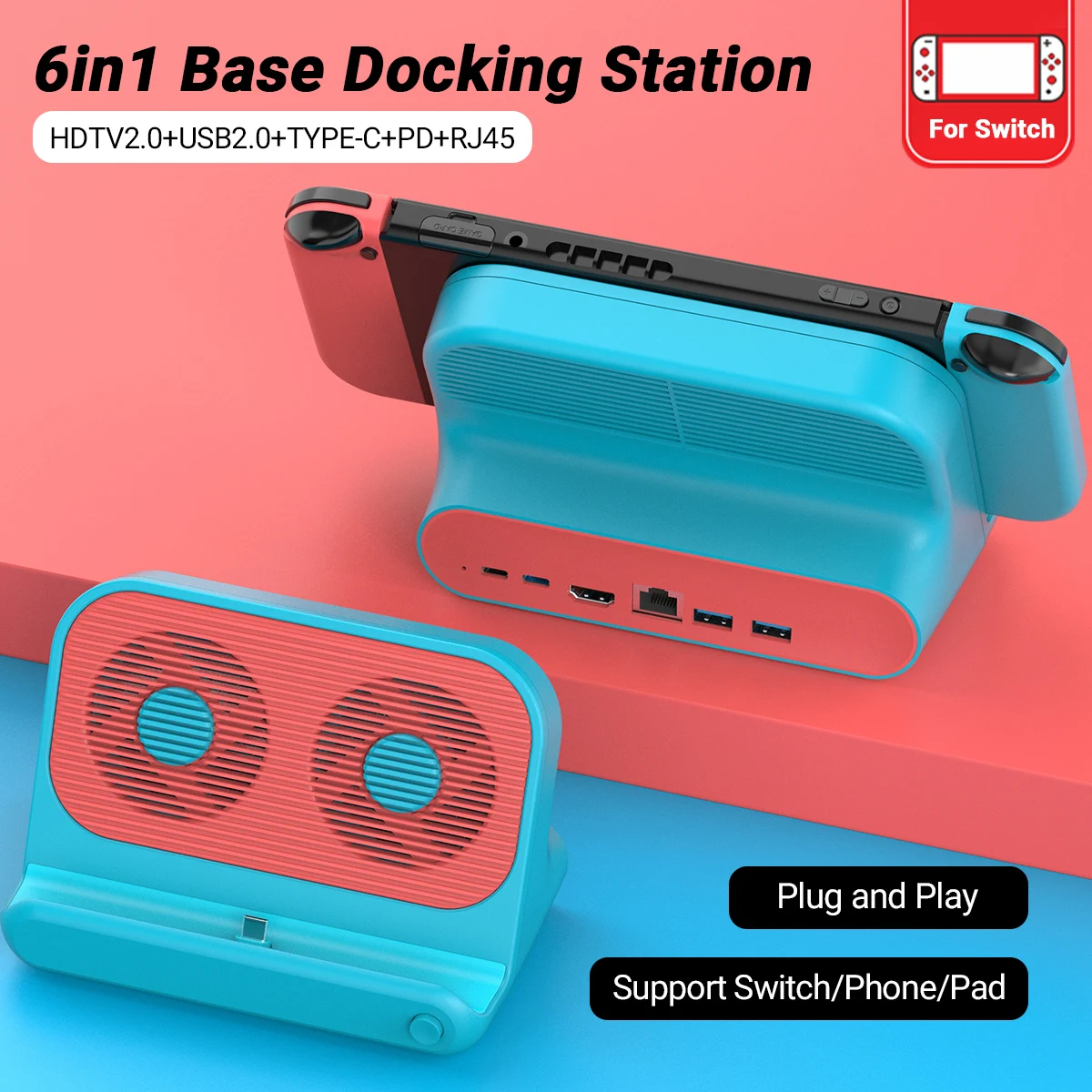 Gopala 6 IN 1 Cooling Fan Heat Dissipation Vent Switch Game Dock Base Docking Station Compatible With Switch/Phone/Pad