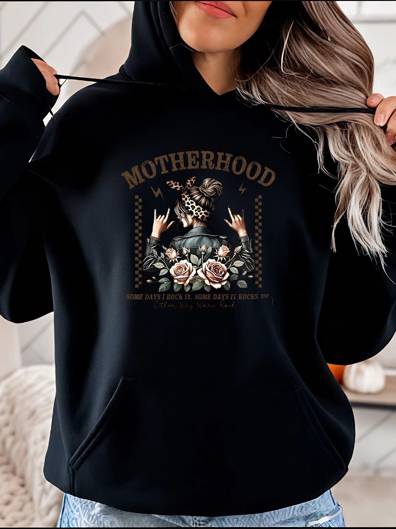 

Толстовка с капюшоном для материнства, женская черная толстовка с леопардовым принтом для девочек и роз, повседневная повседневная одежда для мам