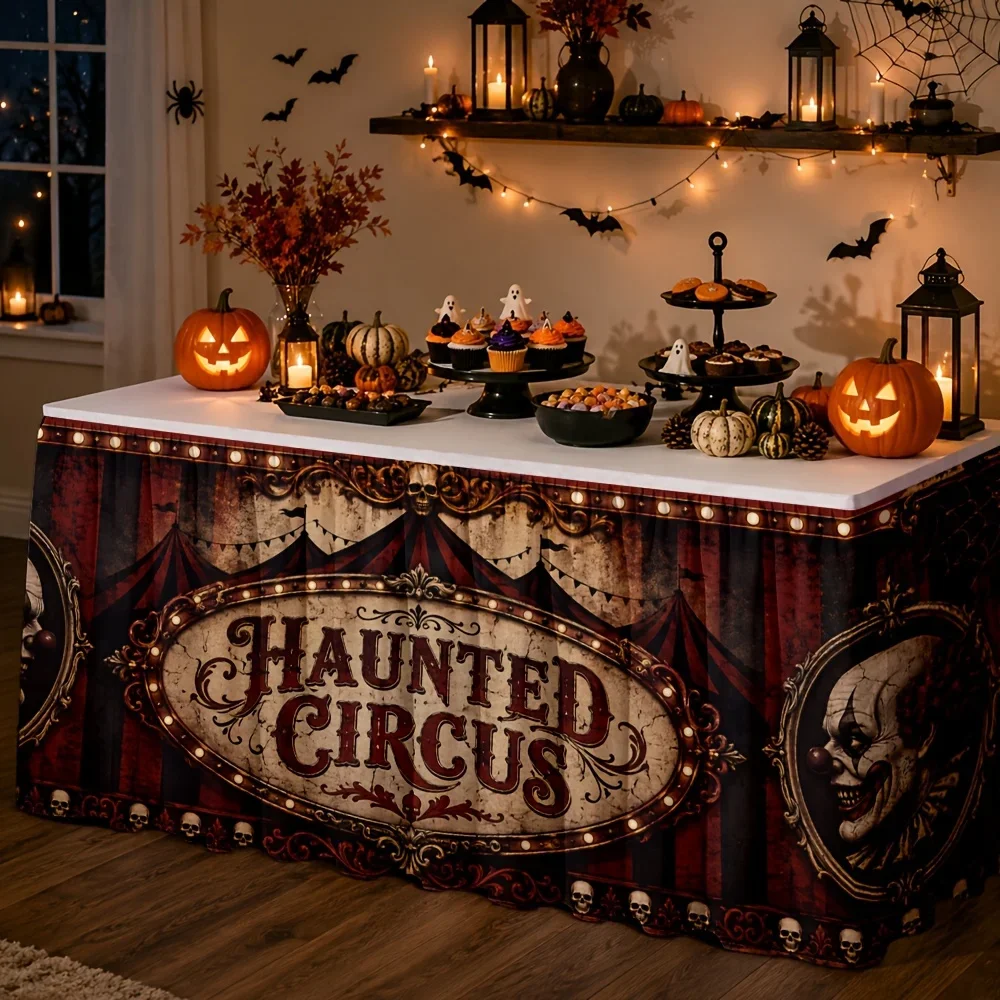 One table skirt - Horror Circus Print Table Skirt - Retro Thrilling Clown Skull Spider Web Decoration