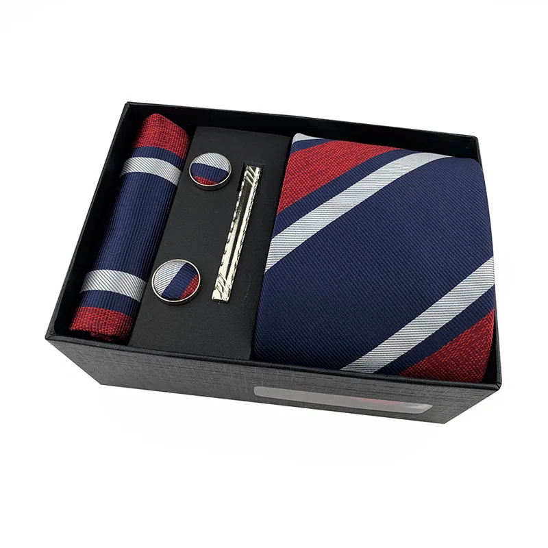 Striped Neck Tie Cufflinks Clip Pocket Square Set Necktie Kerchief Scarf Wedding Party Business Shirt Suit Ties Scarves Men Gift