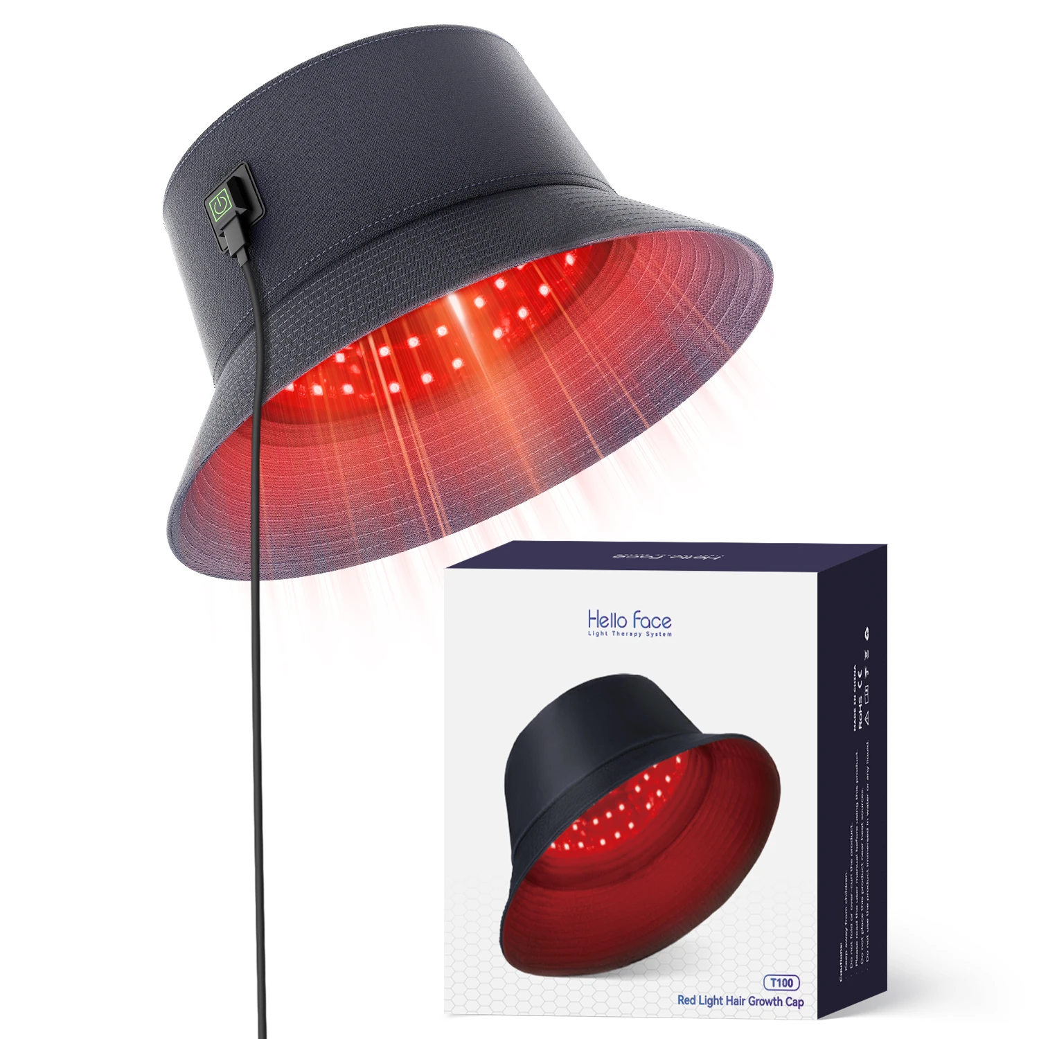 Hello Face T100 336 LEDs Red Light Bucket Hat with 660nm & 850nm Infrared for Daily Scalp Care and Home Wellness