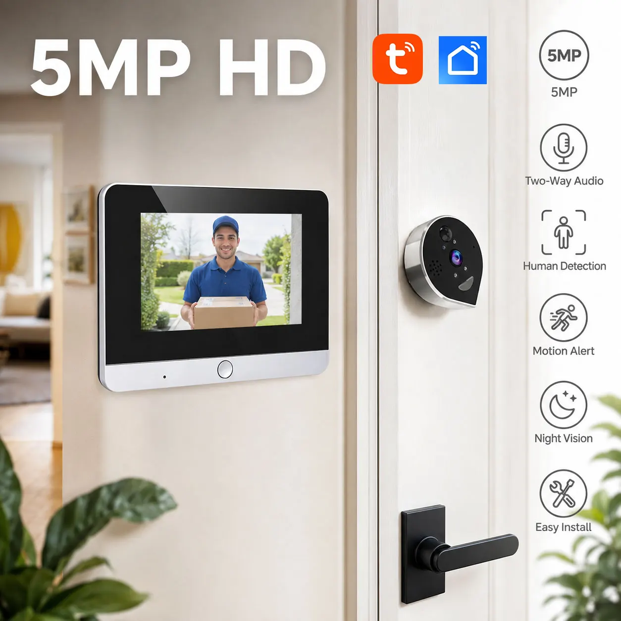 5mp Tuya Smart Life Peephole Viewer Featuring 4.3 Inch Screen Wireless Wifi and 940nm IR Motion Detection Door Camera System