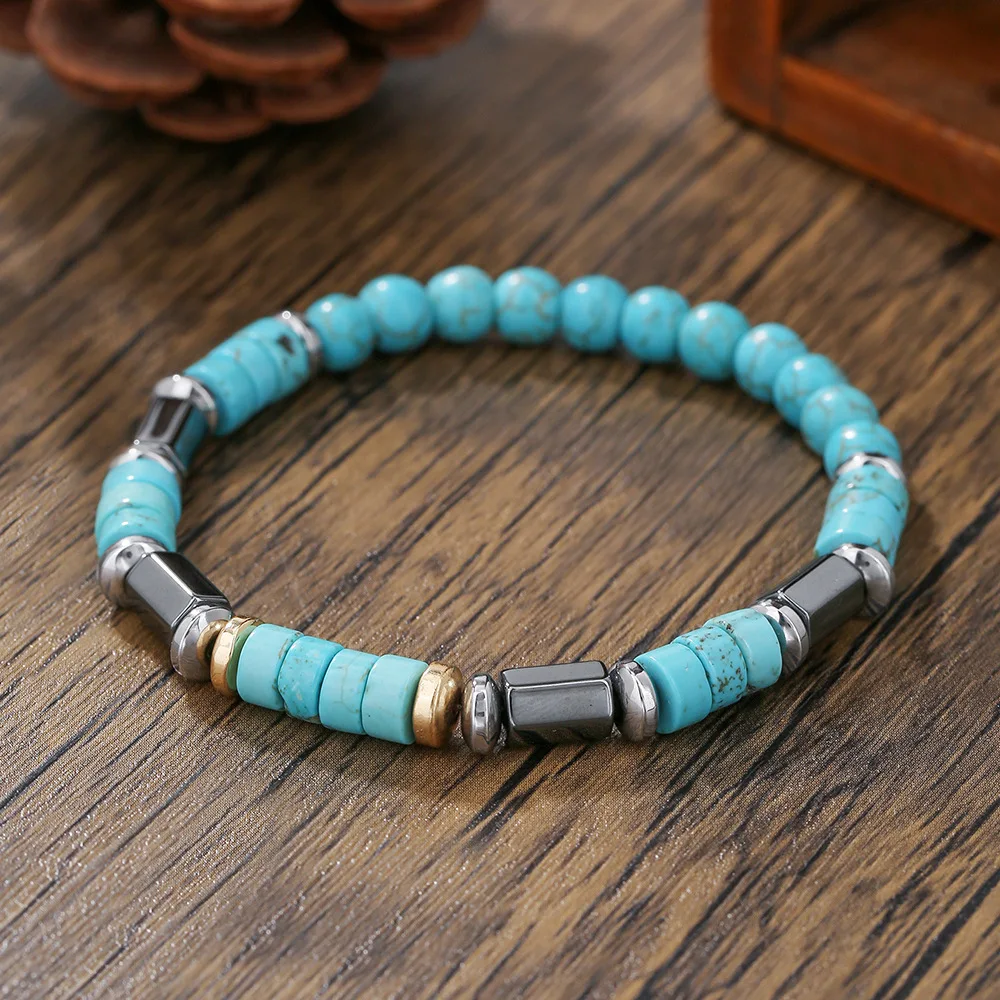 Fashionable Turquoise Black Stone Bead Bracelet Handmade Elastic Rope Bracelet Perfect Gift for Christmas Accessories