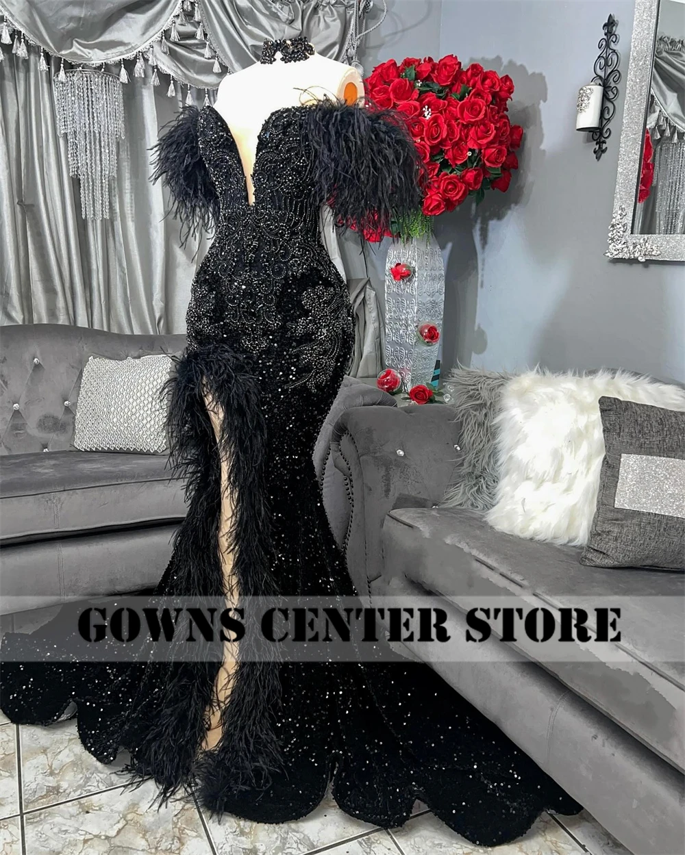 Black Feathers Off The Shoulder Sequin Split Prom Dresses Black Girls Baddie Dresses For Birthday African vestidos Customized