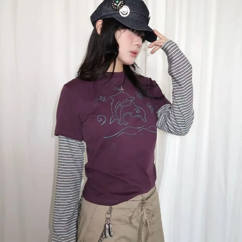 الأمريكية الرجعية مخطط المرقعة التي شيرت الشرير ثقافة فرعية وهمية اثنين تي شيرت Harajuku الجرافيك المطبوعة تيز المرأة القوطية شيك القمم #5