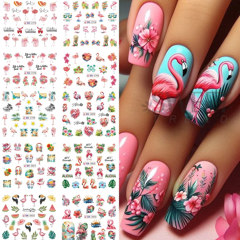 12 Design Pink Flamingo Nail Stickers Water Transfer Decal Flower Coconut Palm Leaf Summer Beach Theme Slider DIY Manicure Decor