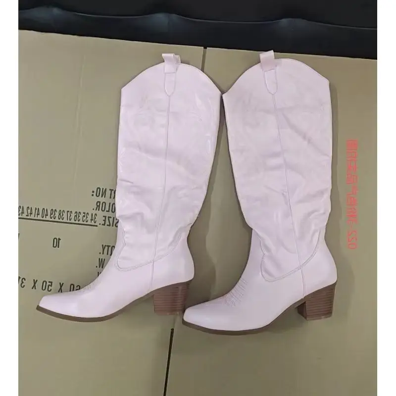 Eilyken, botas hasta la rodilla con bordado exquisito para mujer, botines largos con punta puntiaguda y tacón bajo para otoño e invierno, zapatos de moda, talla grande 43
