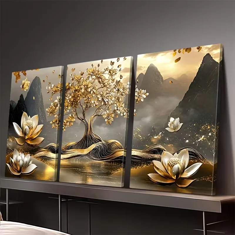 

5D Diy Diamond Painting Triptych Gold Lotus Tree Mountain Landscape Decoration 3pcs Full Drills Diamond Embroidery Wall Pictures