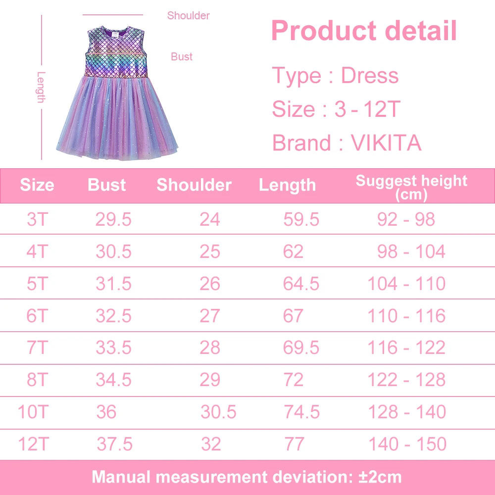 VIKITA Girls Mermaid Print Dress Kids Gradient Colorful Sequins Purple Sleeveless Summer Dresses Kids Party Beach Princess Dress - Image 6