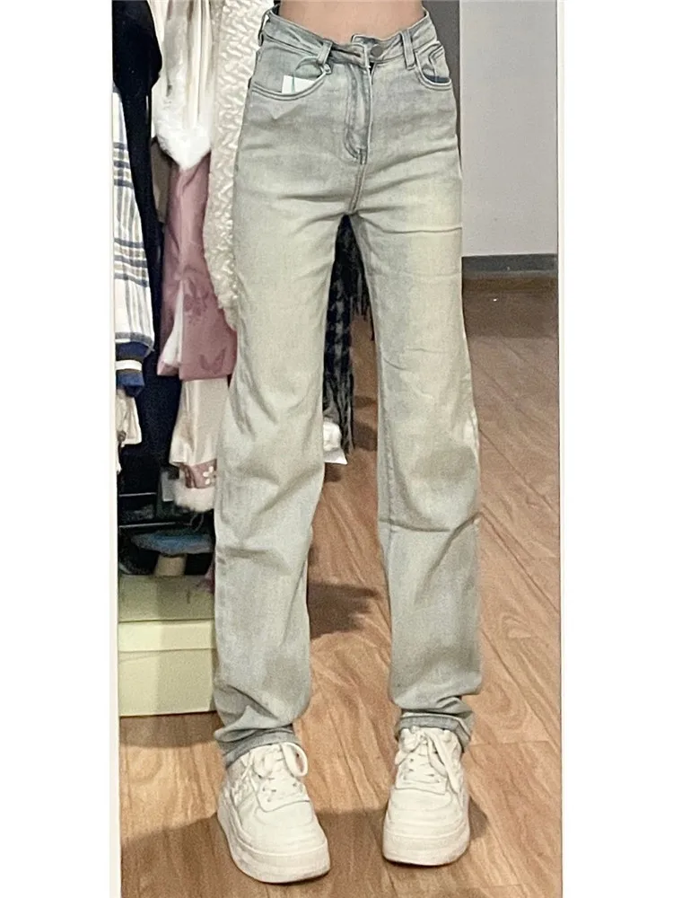 

Retro American Mud Dye Straight Leg Jeans Women's High Waist Slimming Long Cigarette Pants Autumn Season Regular Thickness