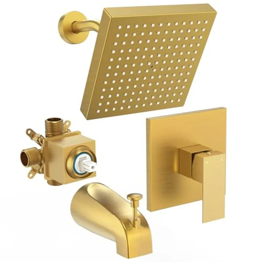 

Tub Shower Faucet Set With Valve, 8-Inch Square Gold Shower Head and Tub Faucet Set, Shower Faucet Set With Rain shower Head an