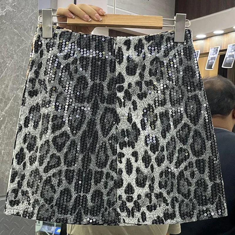 Trendy Sequined Leopard Print Skirt for Women Sexy Spicy Girl High Waist A Line Hip Short Skirt Casual Street Khaki Black