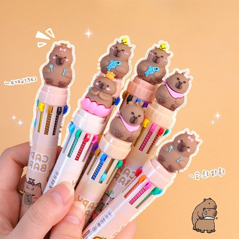 4Pcs Wholesale creative kapibara ten-color ballpoint pen cute multi-color in one push pen student stationery school supplies