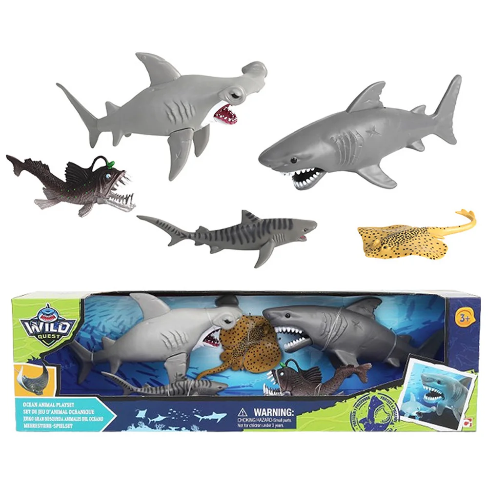 4D Master Wild Quest Series Marine Animal Models Great White Shark Hammer Shark Tiger Shark Manta Ray Animal Figures Toy Gifts