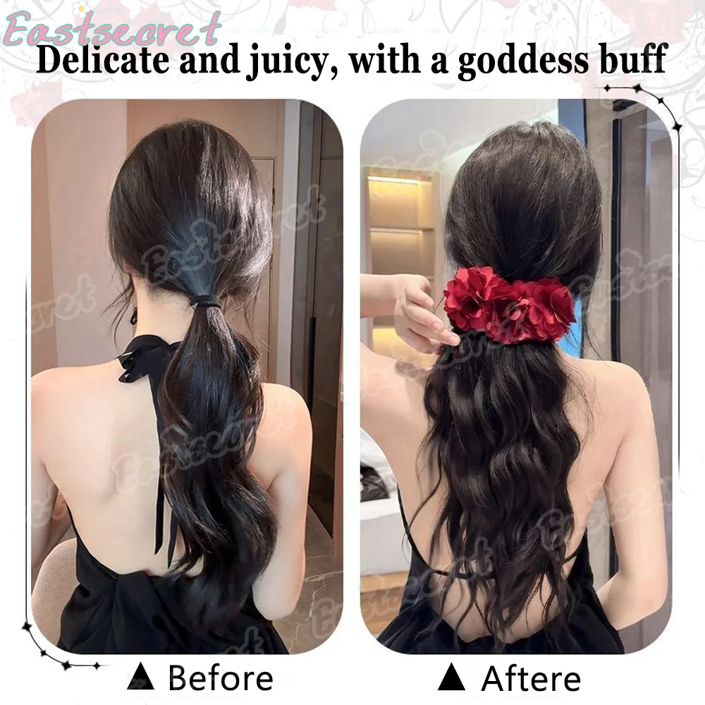 EAST Synthetic Wig Braid Ponytail Female Red Black Rose Grab Banana Clip Low Ponytail Fluffy Increased Volume Wavy Fake Braid