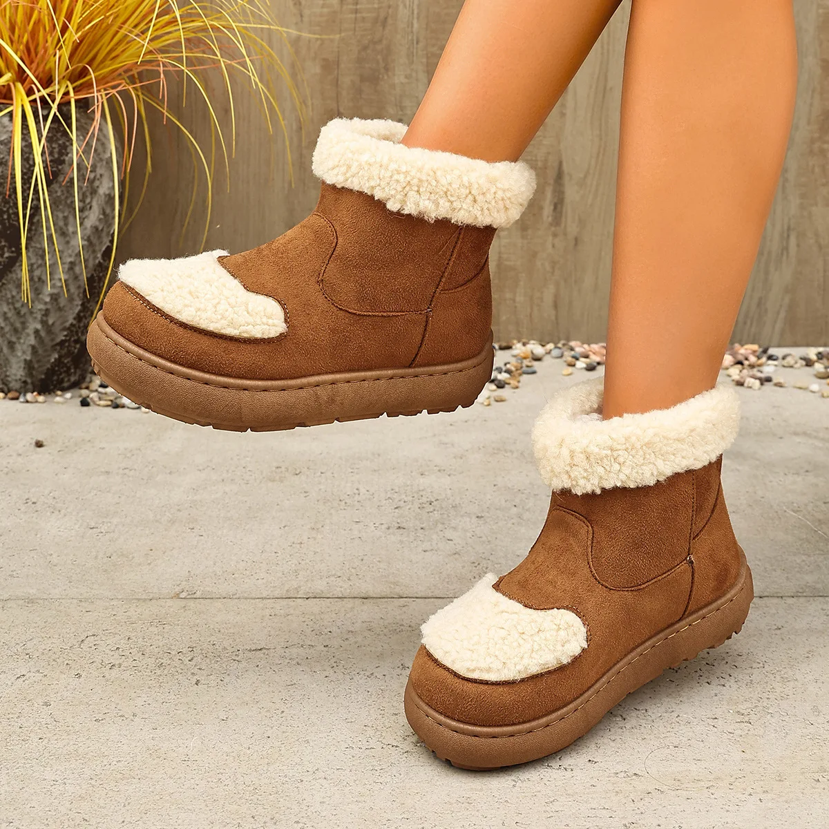 Women Patchwork Ankle Snow Boots Fuzzy Fleece Collar Slip‑On Thick Plush Lined Winter Boots Free Shipping Outdoor Daily Shoes