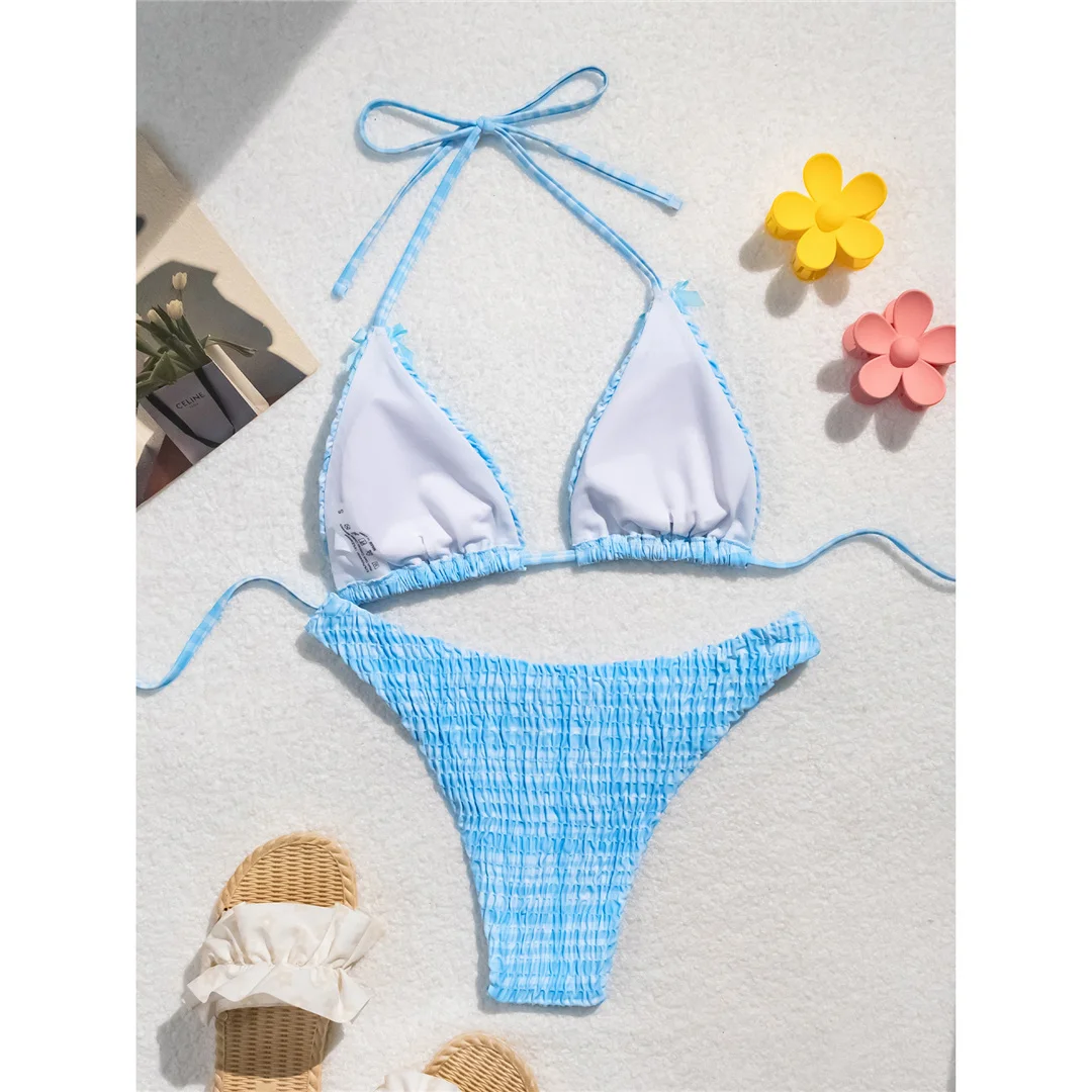Kariertes Neckholder-Bikini-Set mit Falten und Schleife, zweiteiliger Damen-Badeanzug, brasilianischer Badeanzug, Badebekleidung, Schwimmanzug V6512 – Detail 12