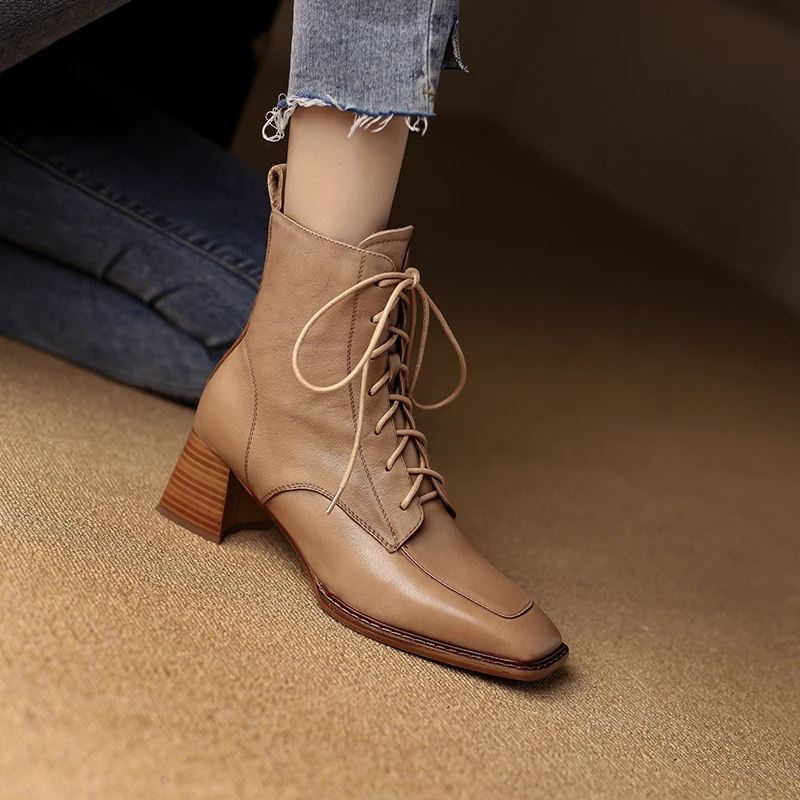 High Quality New Arrival Women Ankle Boots 2022 Autumn Winter Genuine Leather Thick Heels Square Toe Lace-Up Shoes Woman Casual