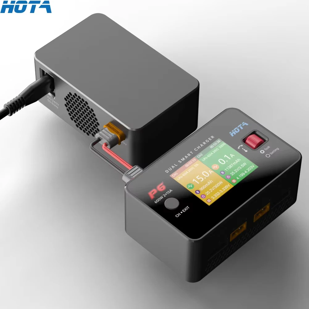 

HOTA P6 Dual Channel Smart Balance Charger DC600W 15A Two Way Discharger T240 AC Power Adapter For 1-6S RC Battery