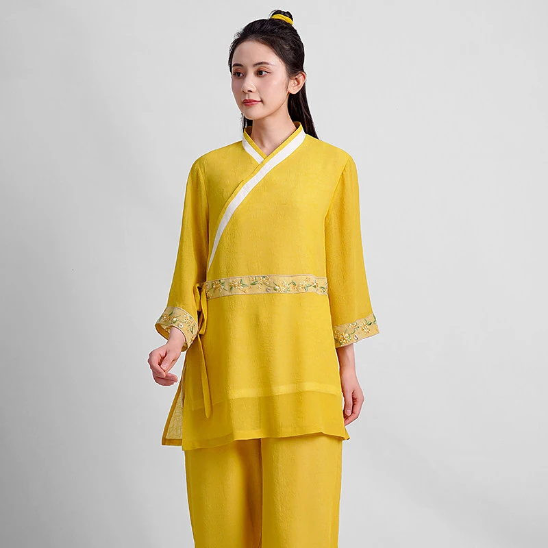 Women's 2026 Spring Summer Yellow Ramie Gauze Tai Chi Set - Flowy & Comfortable for Martial Arts, Qigong & Baduanjin Practice