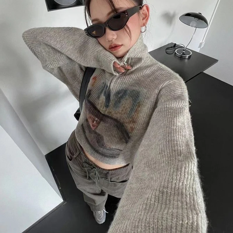 Gidyq Autumn Women Knitted Sweater American Retro Print Sexy Cropped Jumper Casual Streetwear Female Zipper Loose Pullover Tops