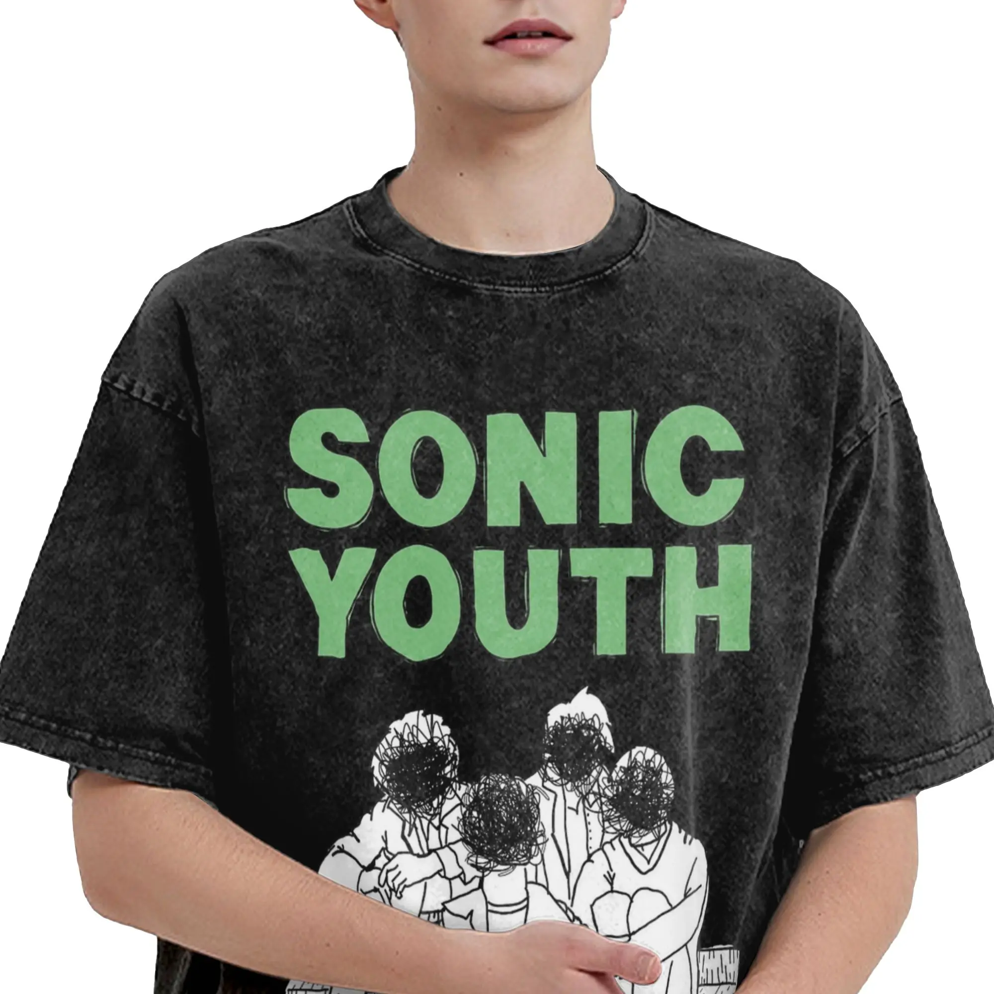Sonics Youth green T Shirts Hip Hop Washed Short Sleeve Harajuku T-Shirts  Retro for Men Women Tops Streetwear Summer Tee Shirt