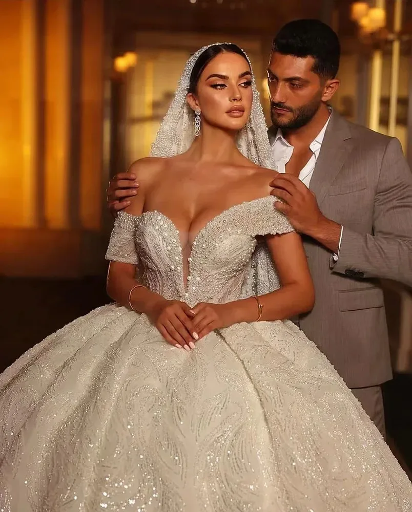 

Customized Ball Gown Wedding Dress Off Shoulder Pearls Beading Embroidery Lace Princess Bridal Gown Vestidos De Novia