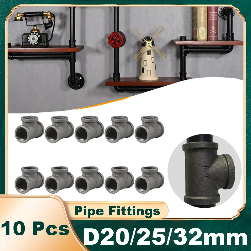 

10 PcsThreaded Iron Pipe Fitting Tee Malleable Cast Iron Fitting 1/2" 3/4 " 1 " for BSP Threaded Pipe DIY Bookshelves Hanger