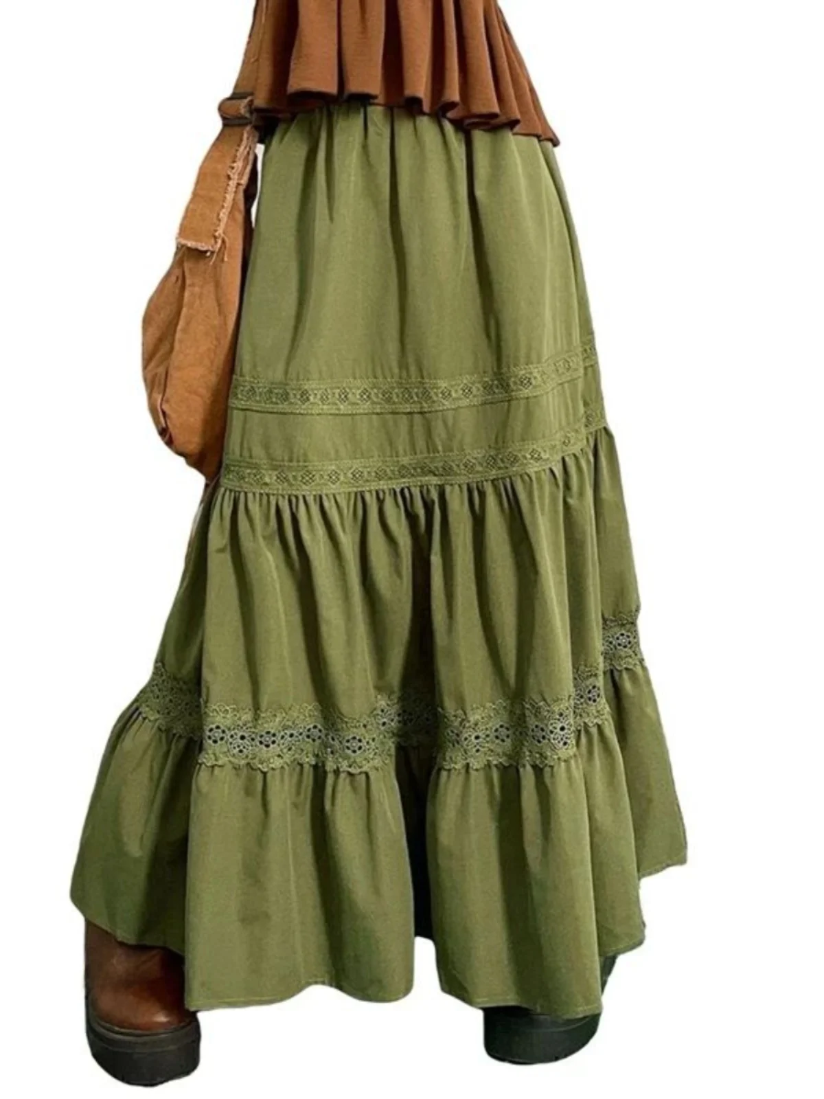 

Юбка Street Sle с завышенной талией, однотонная, с кружевными вставками, А-силуэт, для женщин 8-24 лет, свободный крой, осенний сезон