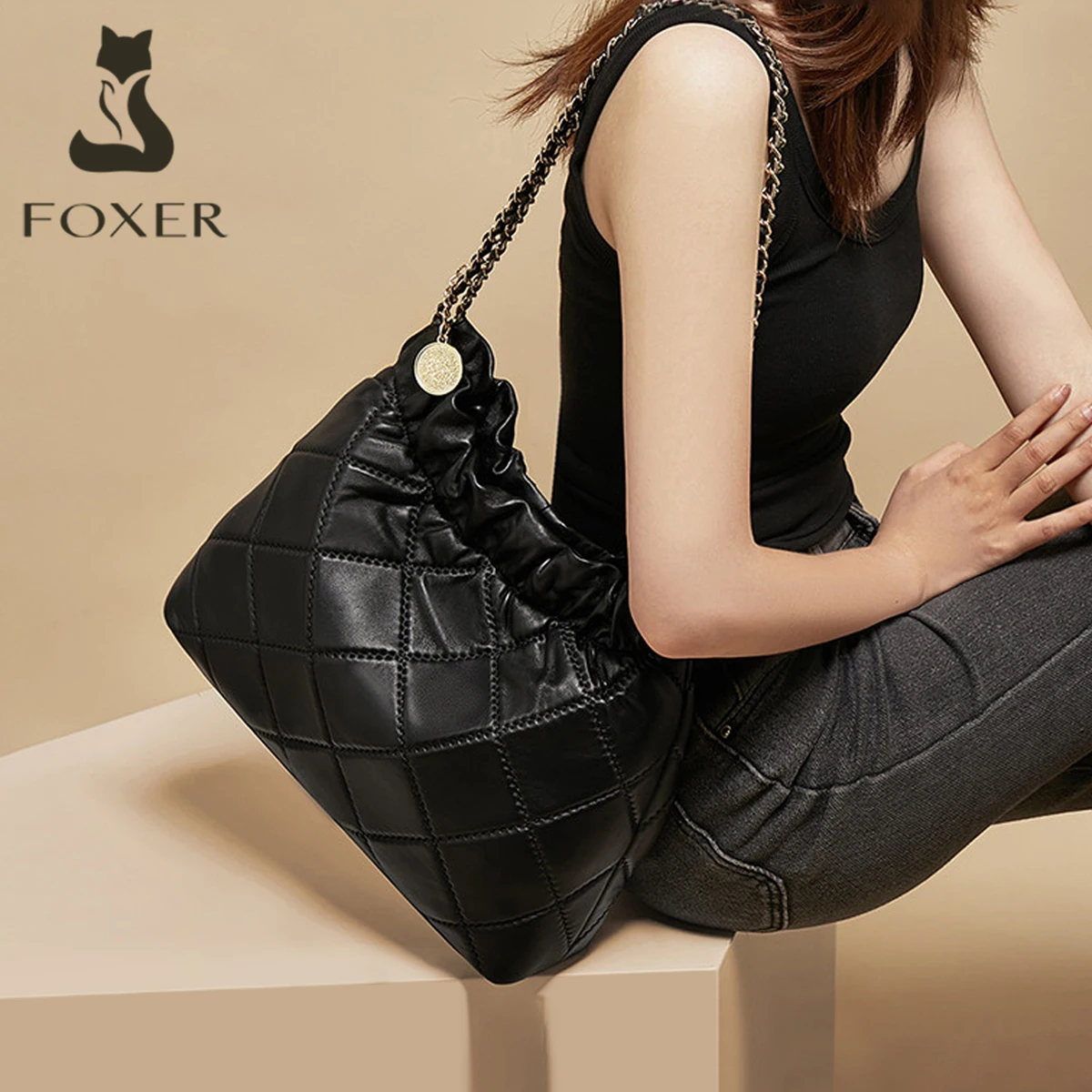 

FOXER Classic Women Sheepskin Fashion Handbag Lady Tote Bag