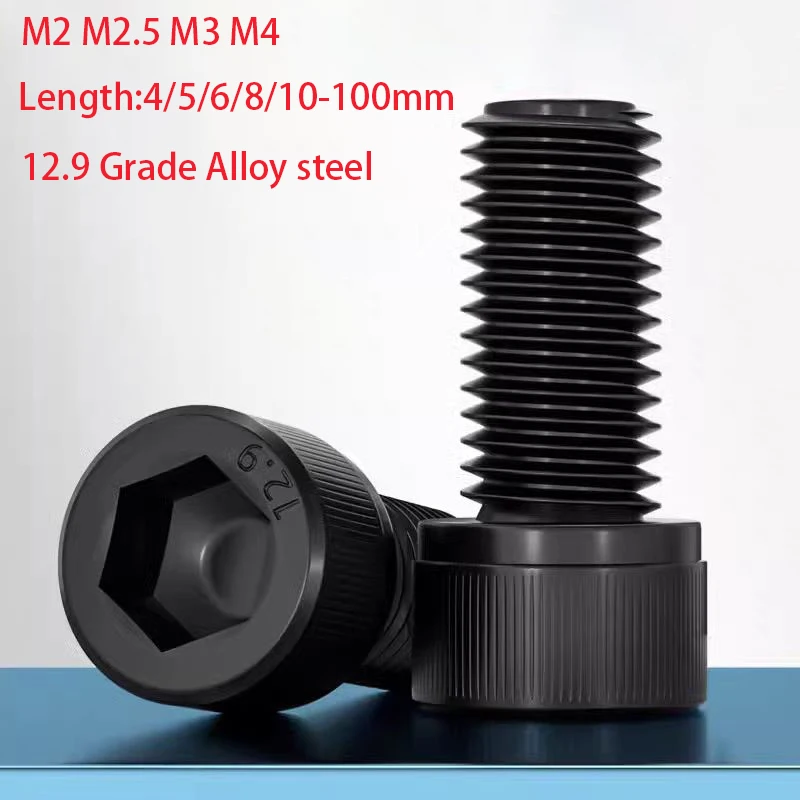 50-100pcs Hexagon Socket Head Cap Bolt Screw M2 M2.5 M3 M4  Black 12.9 Grade Alloy Steel Black Allen Bolts Length 3/4/5/6-100mm