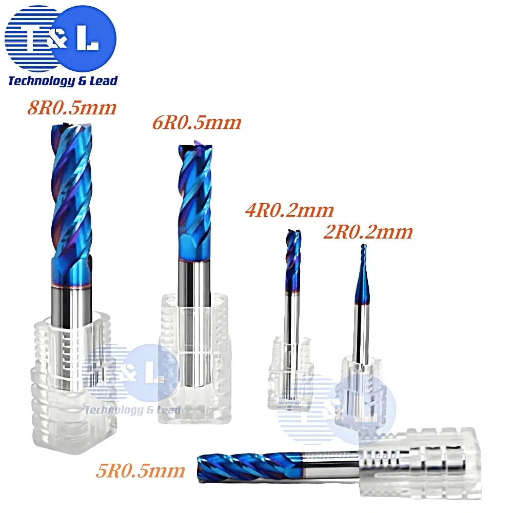 T&L HRC63 Blue Nano Coating Tungsten Steel 4-Flute Round Nose Milling Cutter CNC Machining Center Special Endmills Tools