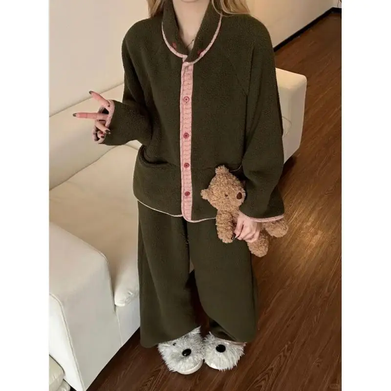 

Женский пижамный комплект: модная домашняя одежда, уютный комплект для отдыха, утепленный коралловым флисом, с простым зеленым цветочным узором по краю, для девушек, для дома и улицы