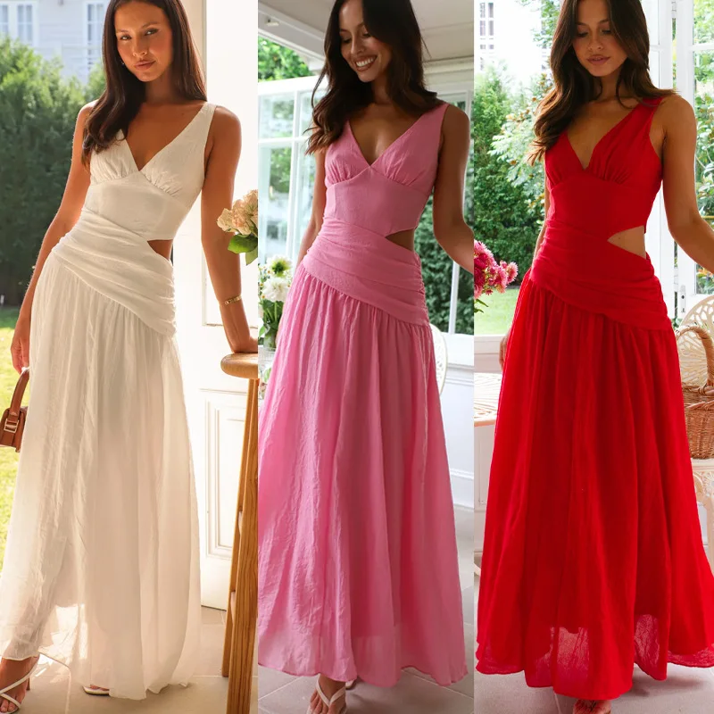 2025 ใหม่ผู้หญิงคอวีแขนกุดสีทึบประกบชุดยาวแกว่งขนาดใหญ่