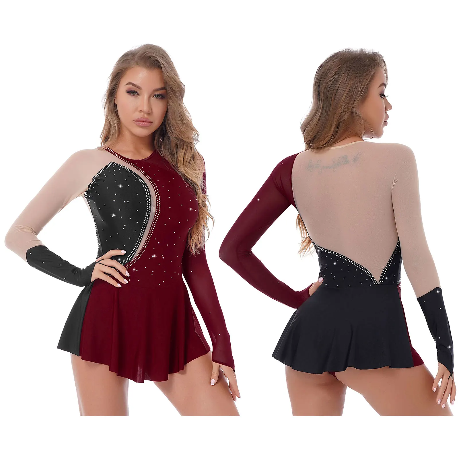 Women Long Sleeve Figure Ice Skating Sparkling Rhinestone Sheer Mesh Patchwork Roller Skating Ballet Performance Leotard Dresses