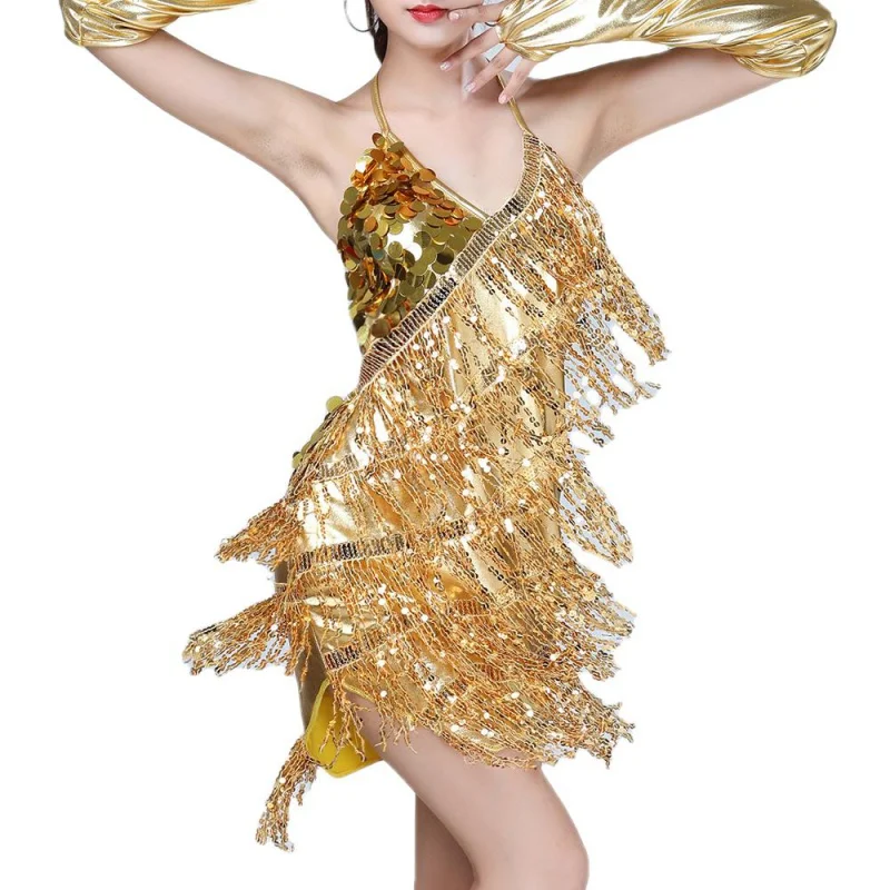 Women Sequins Latin Dance Dress Adult Lady Sexy Tassel Fringe Salsa Ballroom Tango Cha Cha Rumba Samba Dancewear with Gloves