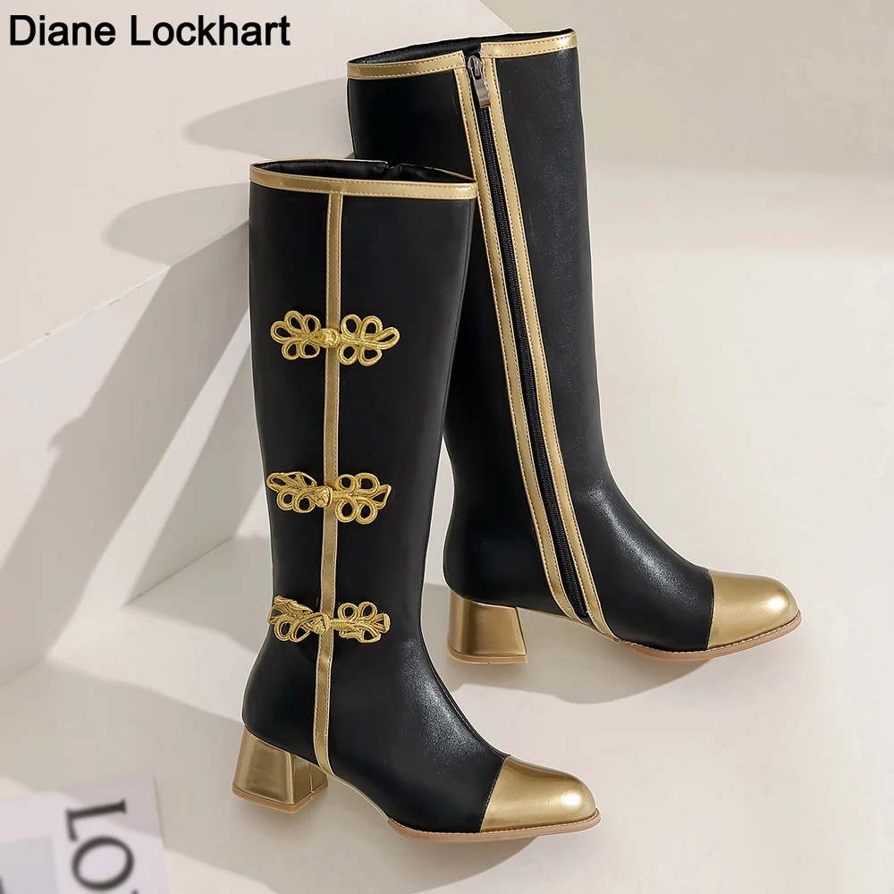 Big Size Fashion Knee High Boots Women Coss Play Shoes Autumn Winter Women\'s High Boots Black White Gold Chinese Knot Shoes