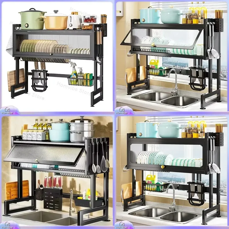 Hot Selling Kitchen Sink Over Counter Dish Drying Rack with Dust Cover Metal Storage Rack Dish Drain Rack Tableware Organizer